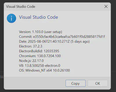 VS Code v1.103 更新畫面